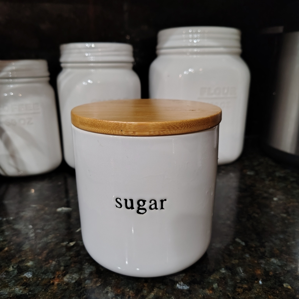 White Ceramic Sugar Jar with Bamboo Lid